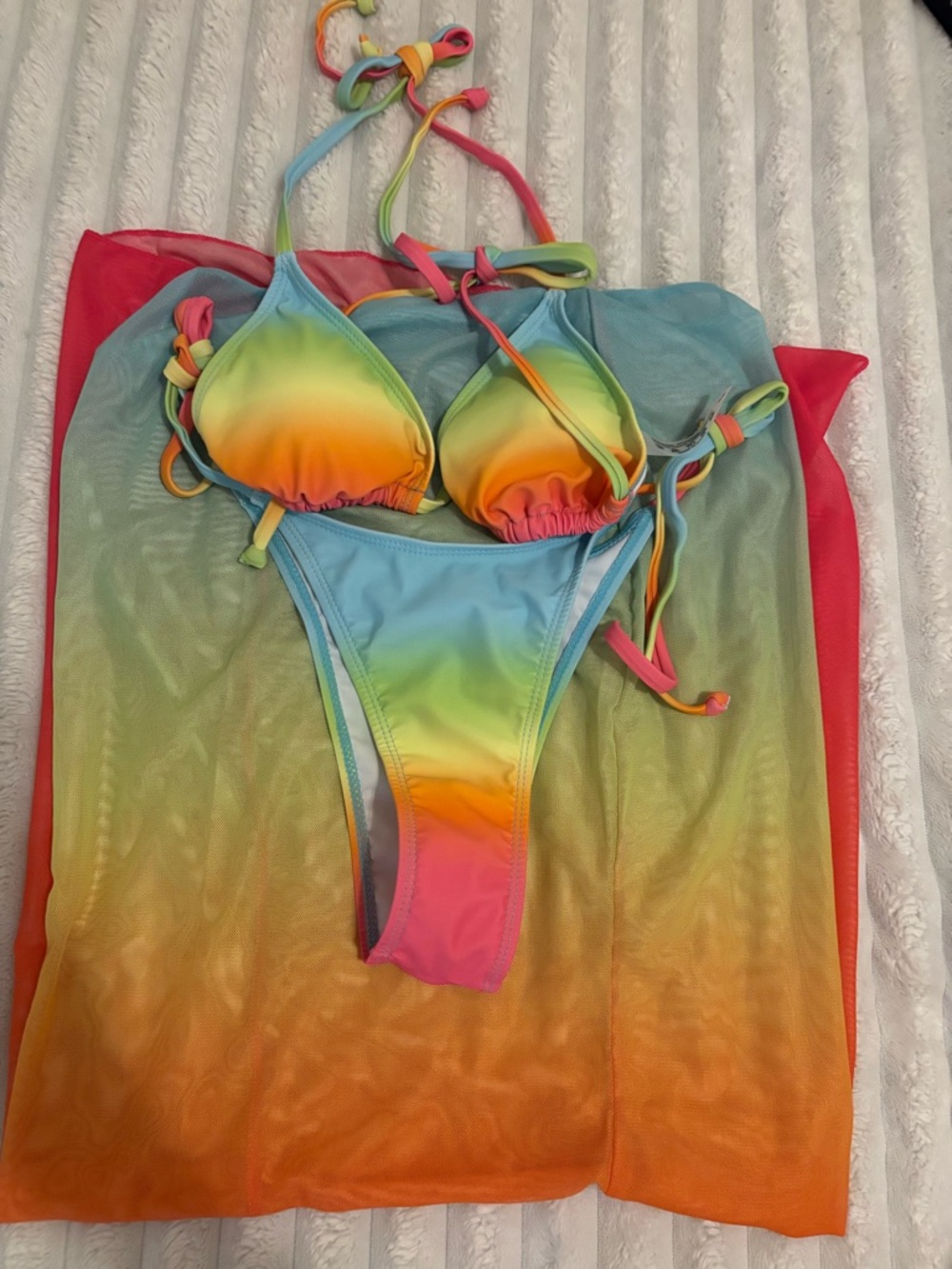 SHEIN Rainbow Gradient Tie String Bikini Set - Blue Green Yellow Orange Pink